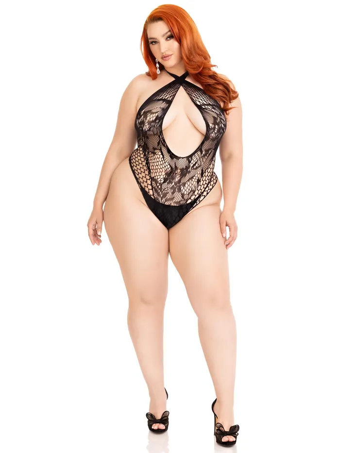 Lace and Net Keyhole Crossover Halter Teddy 1x2x Black Sale Specials Anal