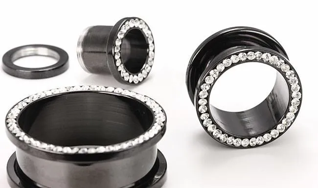 Anal Painful Pleasures Crystal Jeweled Rim PVD Black Steel Threaded Tunnel Price Per 1 Anal Painful Pleasures Crystal Jeweled Rim PVD Black Steel Threaded Tunnel Price Per 1
