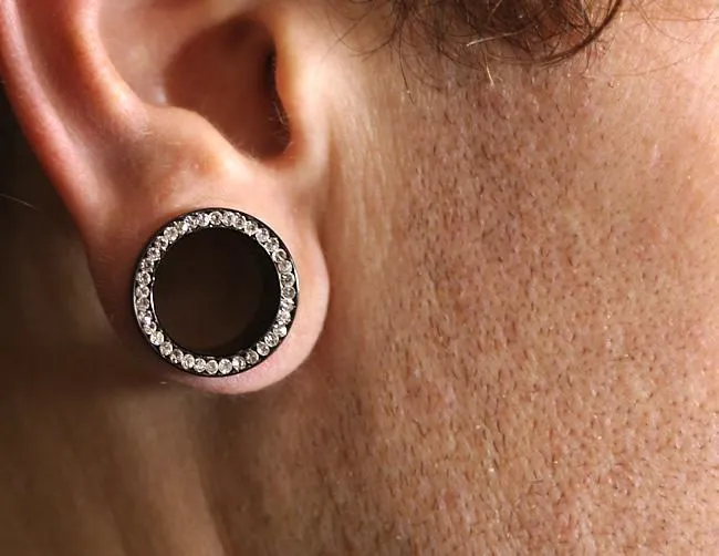 Anal Painful Pleasures Crystal Jeweled Rim PVD Black Steel Threaded Tunnel Price Per 1