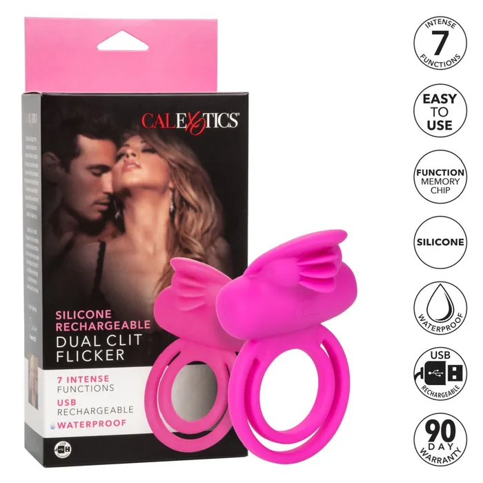 Clit Flicker Pink Silicone Vibrating Cock Ring with Tongues CalExotics Couples