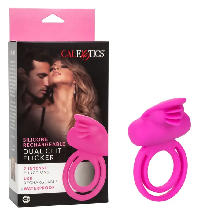 Clit Flicker Pink Silicone Vibrating Cock Ring with Tongues CalExotics Couples