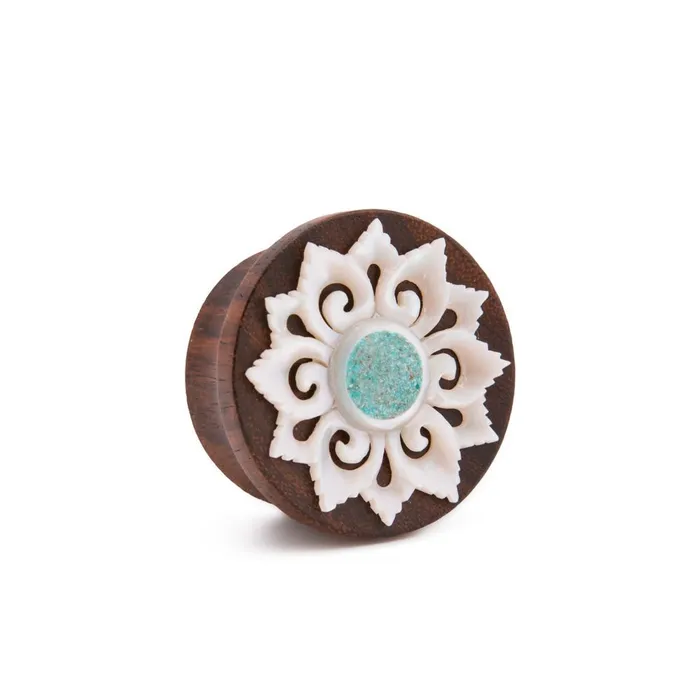 Elementals Organics Anal Turquoise Inlaid Mother of Pearl Flower Sono Wood Plug 10mm30mm Price Per 1 Elementals Organics Anal Turquoise Inlaid Mother of Pearl Flower Sono Wood Plug 10mm30mm Price Per 1