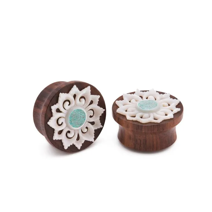 Elementals Organics Anal Turquoise Inlaid Mother of Pearl Flower Sono Wood Plug 10mm30mm Price Per 1