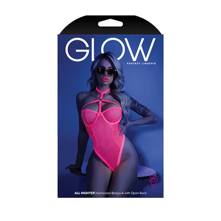 Fairvillacom Anal Glow Black Light Harness Mesh Body Suit Neon Pink SM