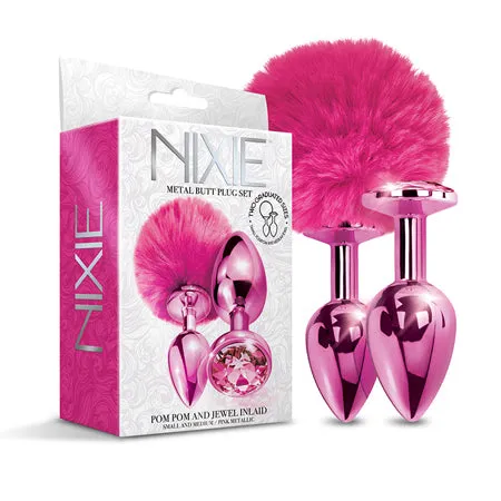 Fairvillacom Nixie Metal Butt Plug Set wJewel Inlaid Pom Pom Pink Metallic Anal Fairvillacom Nixie Metal Butt Plug Set wJewel Inlaid Pom Pom Pink Metallic Anal