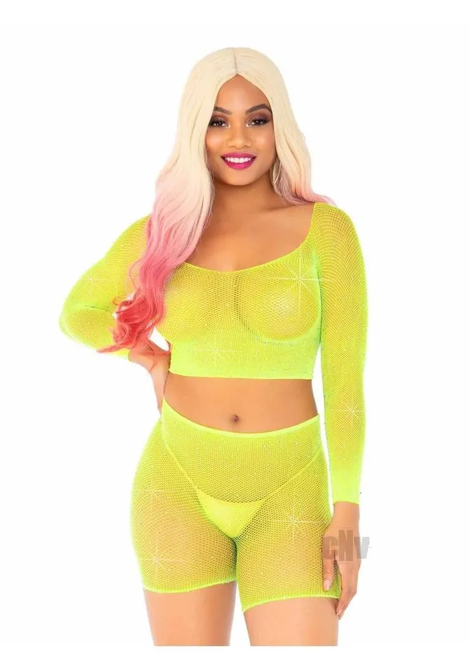 Fairvillacom Teddies And Bodies 2 Pc Rhinestone Fishnet Crop Top and Biker Shorts One Size Neon Yellow Fairvillacom Teddies And Bodies 2 Pc Rhinestone Fishnet Crop Top and Biker Shorts One Size Neon Yellow