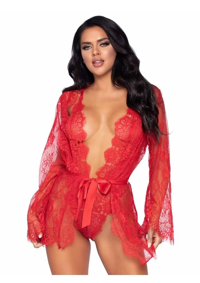 Fairvillacom Vibrators Floral Lace Teddy Thong Robe Tie Md Red