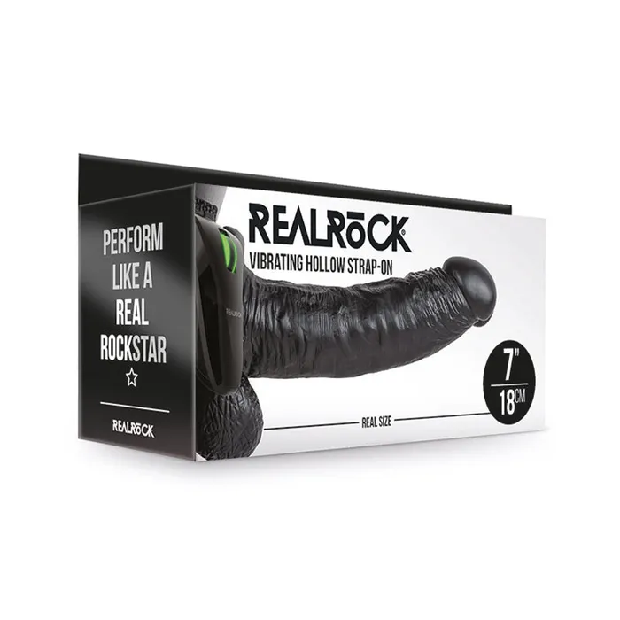 RealRock 7in VibrHollowStrapOnWBalls Blk Fairvillacom Female Sex Toys