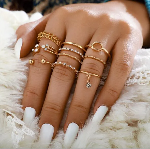 Rings 8pc Bohemian geometric ring set Clear crystal stones gold chain Shhhep Anal Rings 8pc Bohemian geometric ring set Clear crystal stones gold chain Shhhep Anal