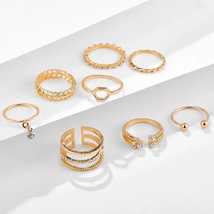 Rings 8pc Bohemian geometric ring set Clear crystal stones gold chain Shhhep Anal Rings 8pc Bohemian geometric ring set Clear crystal stones gold chain Shhhep Anal