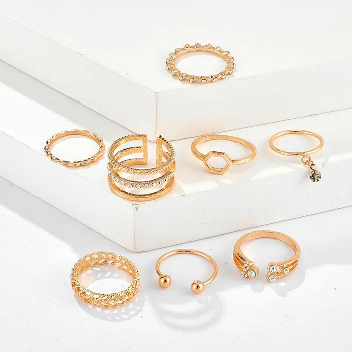 Rings 8pc Bohemian geometric ring set Clear crystal stones gold chain Shhhep Anal Rings 8pc Bohemian geometric ring set Clear crystal stones gold chain Shhhep Anal