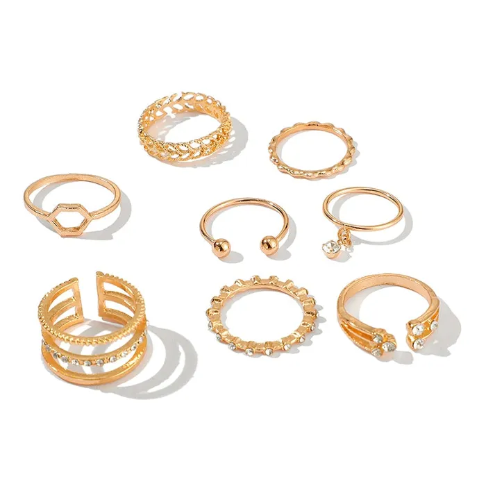 Rings 8pc Bohemian geometric ring set Clear crystal stones gold chain Shhhep Anal Rings 8pc Bohemian geometric ring set Clear crystal stones gold chain Shhhep Anal