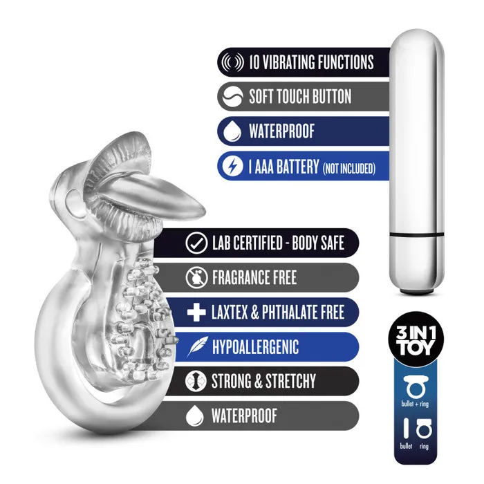 ShhhWndsr Male Sex Toys Stay Hard 10Function Vibrating Tongue Cock Ball Ring Clear