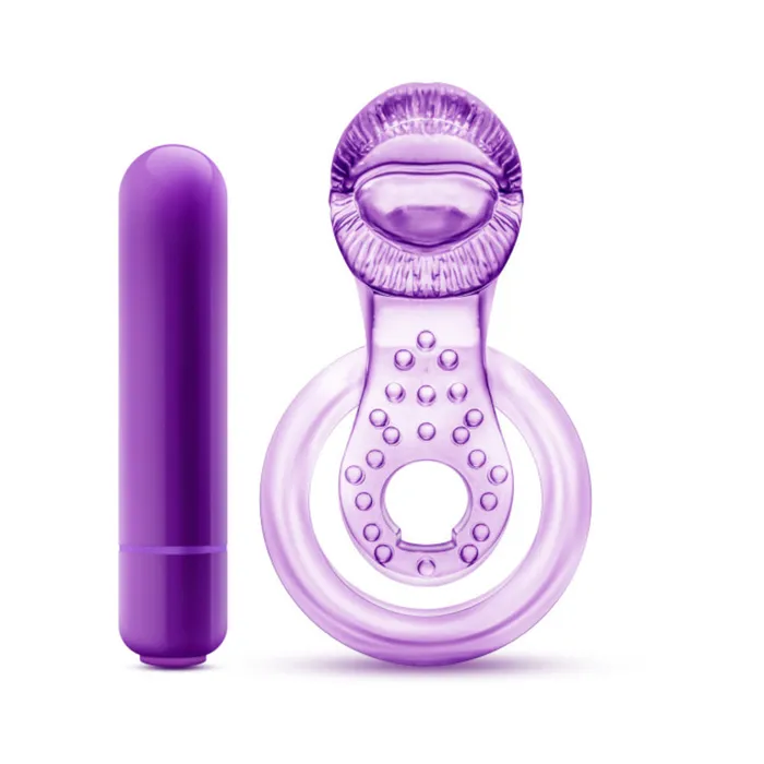 Vibrators Blush Play with Me Lick it Vibrating Double Strap Cockring Purple Fairvillacom